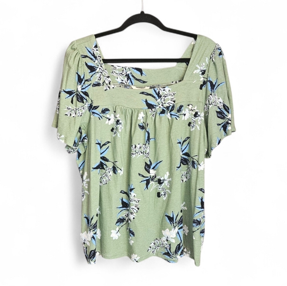 Lucky Brand Green Floral Square Neck Short Sleeve Top XL